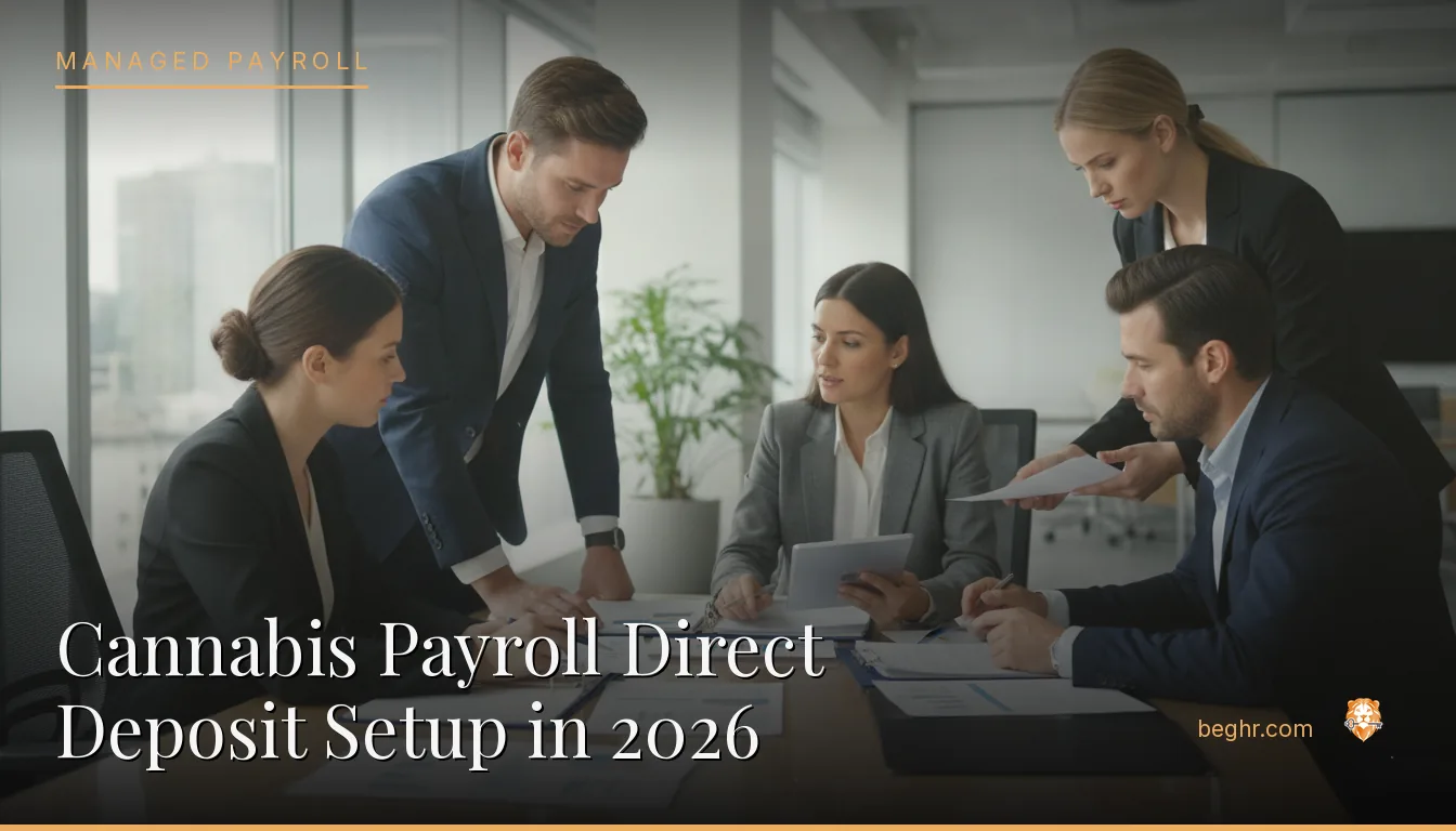 Business professionals reviewing payroll and HR documents in a bright modern office