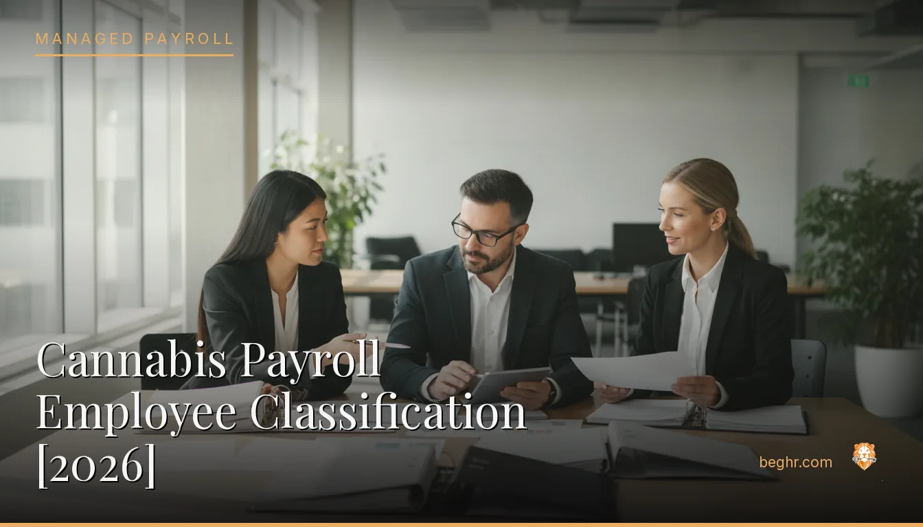 Business professionals reviewing payroll and HR documents in a bright modern office