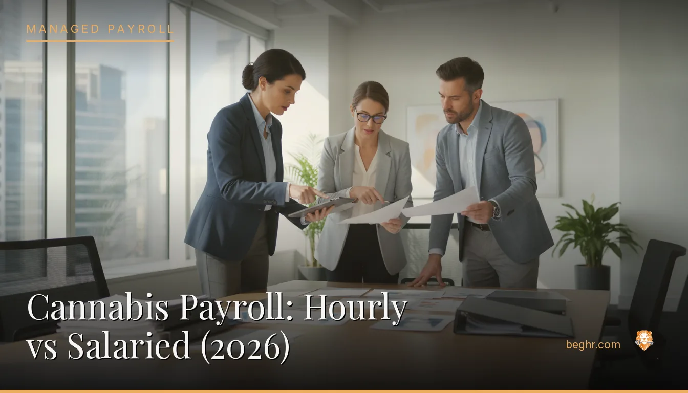 Business professionals reviewing payroll and HR documents in a bright modern office