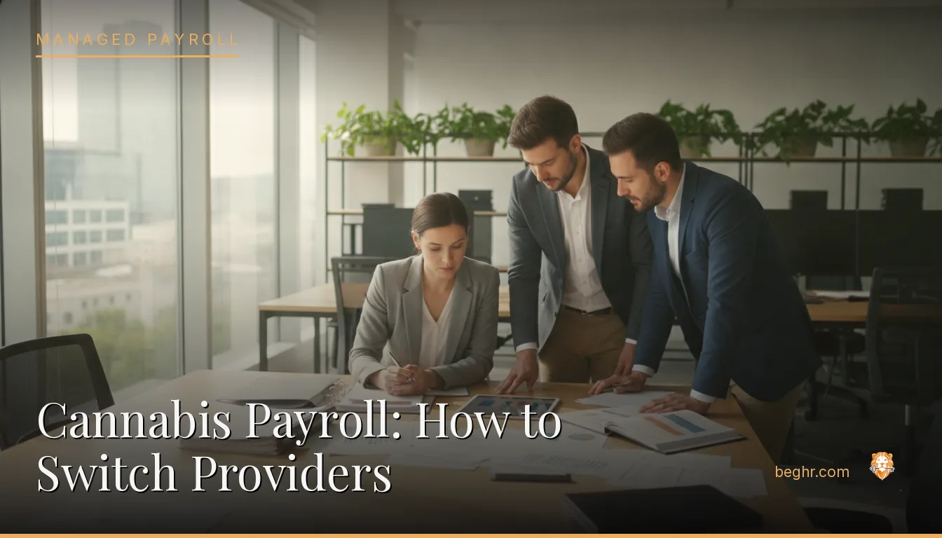 Business professionals reviewing payroll and HR documents in a bright modern office