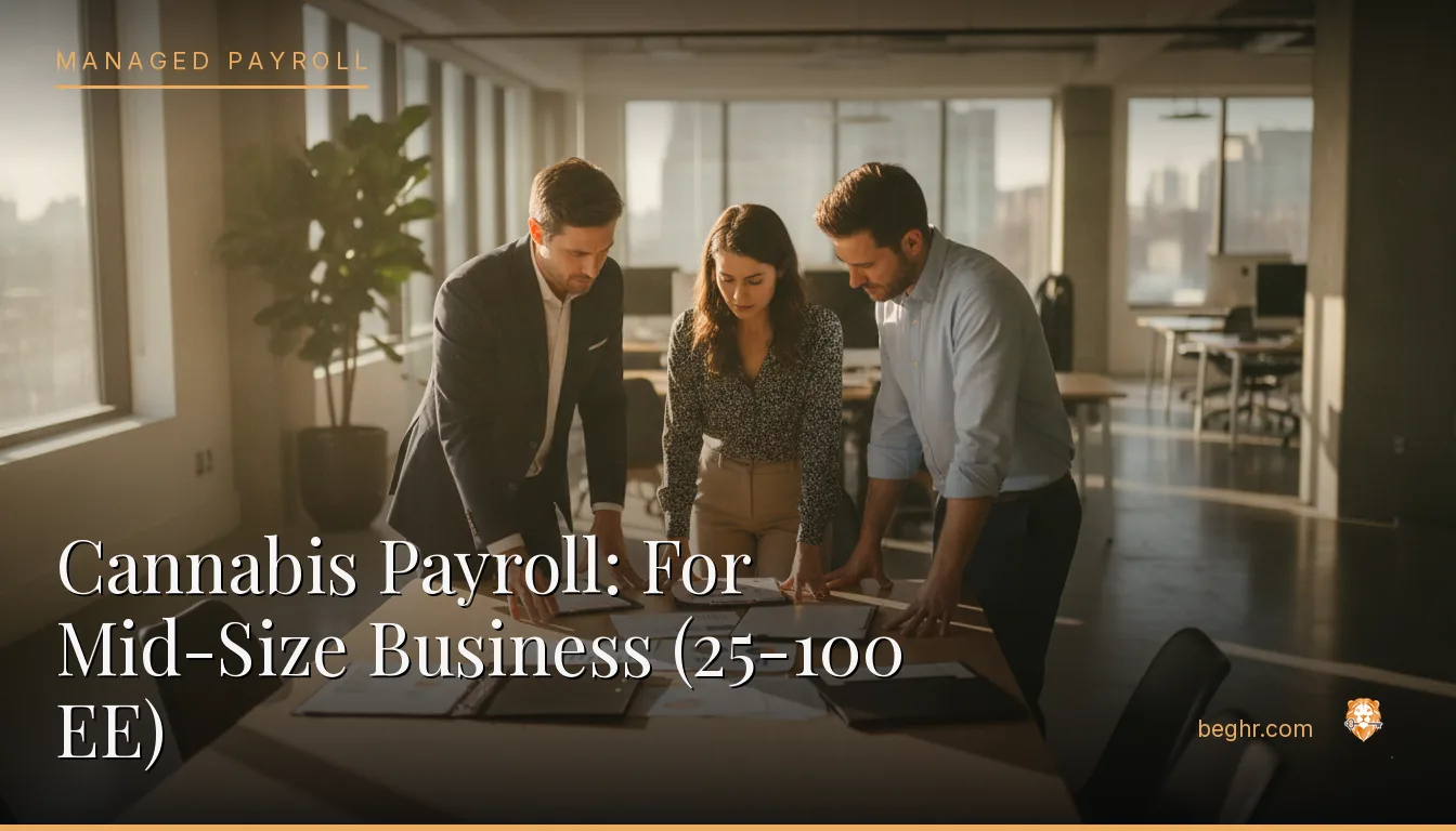 Business professionals reviewing payroll and HR documents in a bright modern office