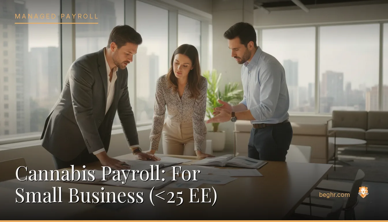 Business professionals reviewing payroll and HR documents in a bright modern office