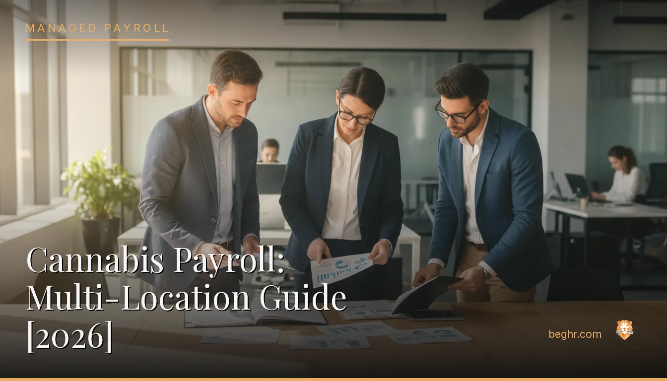 Business professionals reviewing payroll and HR documents in a bright modern office
