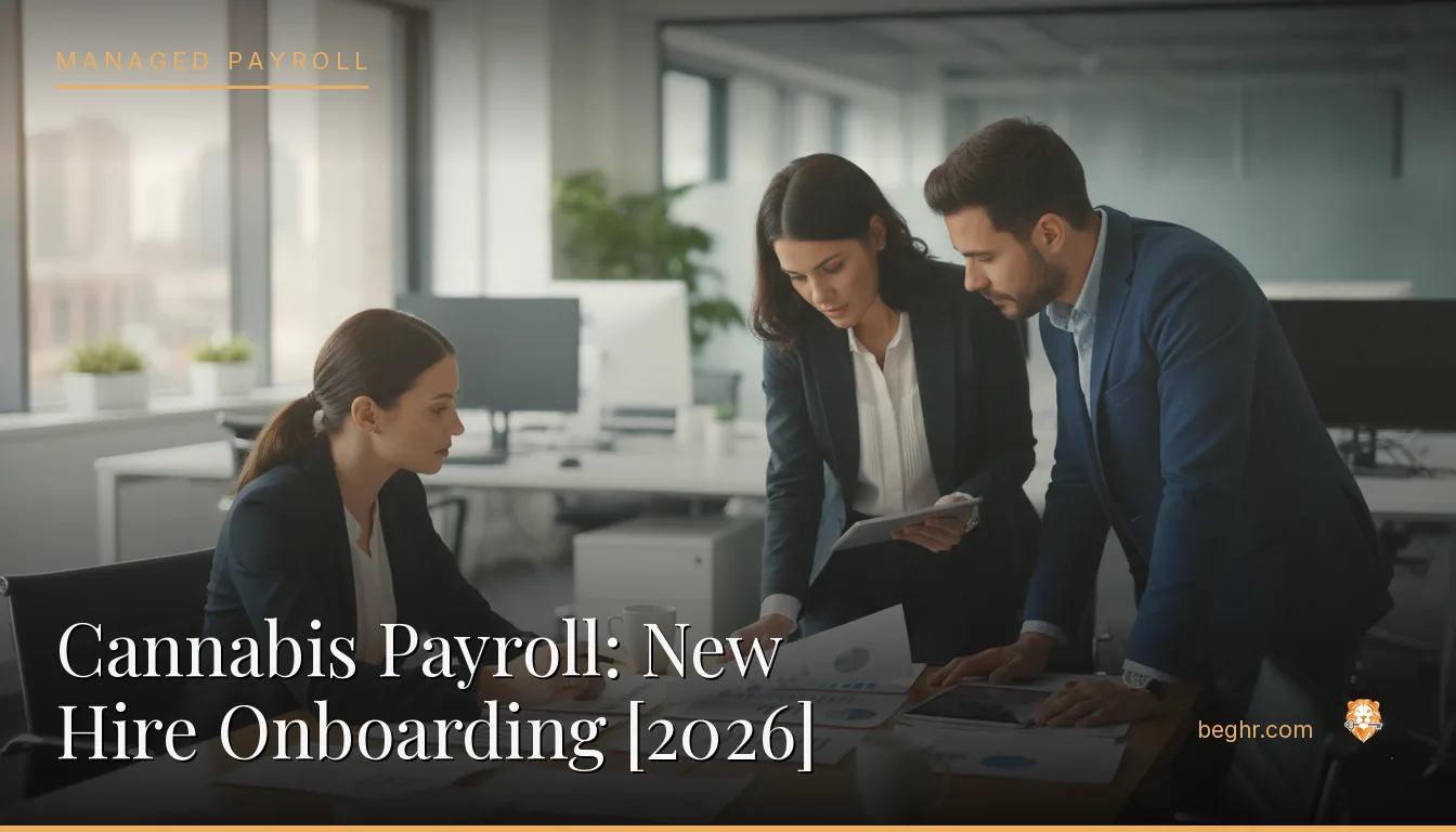 Business professionals reviewing payroll and HR documents in a bright modern office