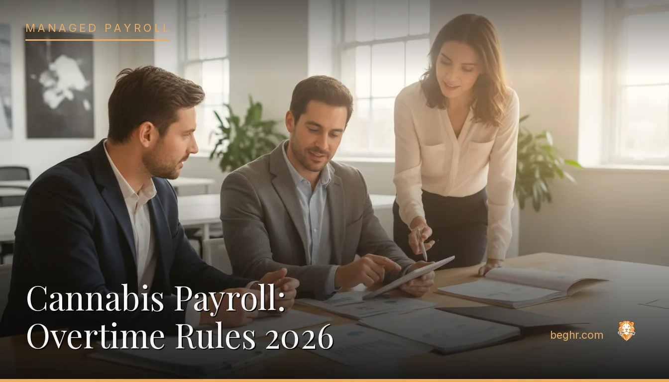 Business professionals reviewing payroll and HR documents in a bright modern office