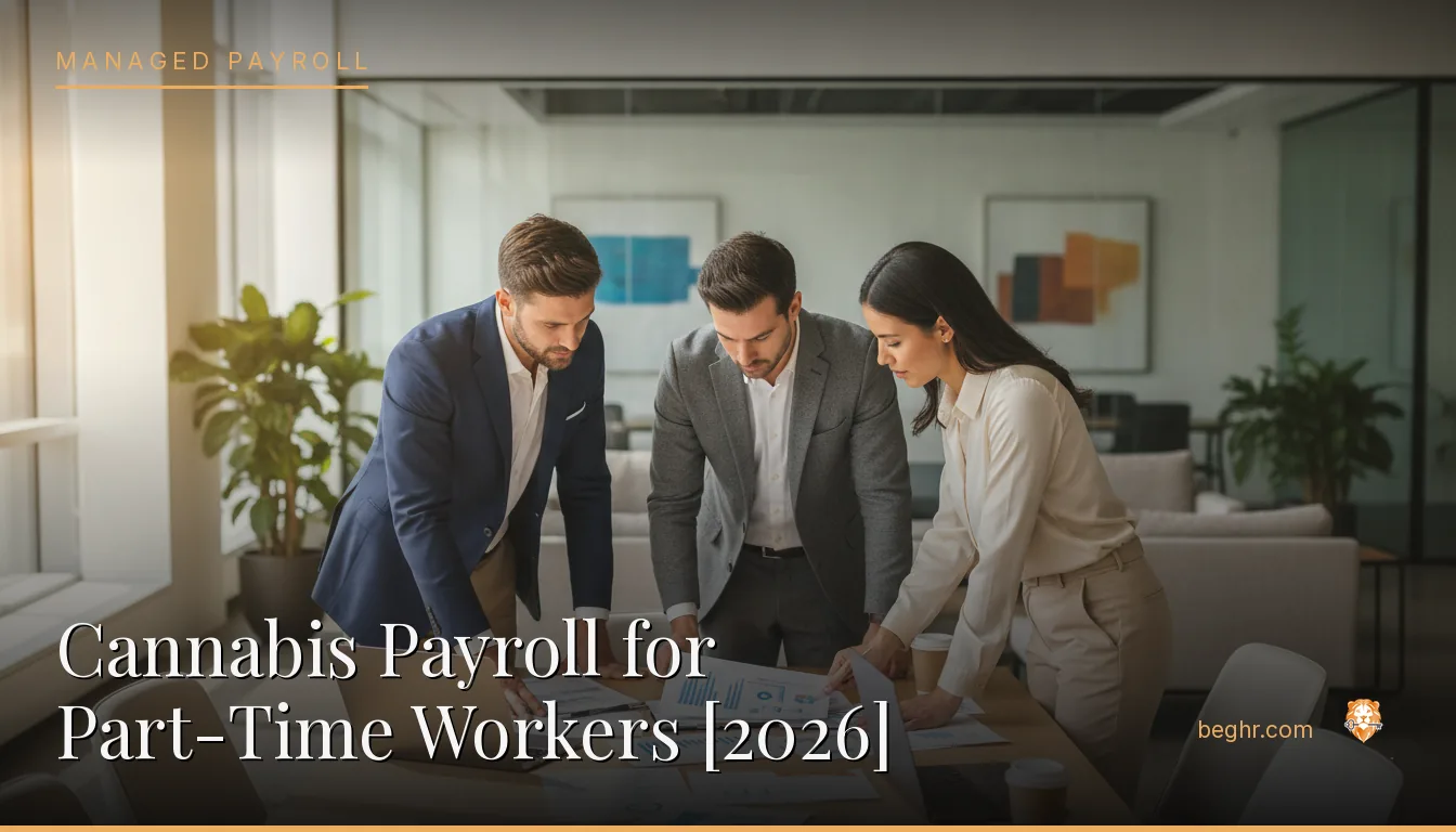 Business professionals reviewing payroll and HR documents in a bright modern office