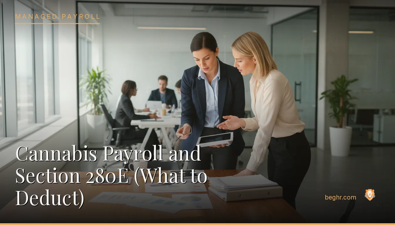 Business professionals reviewing payroll and HR documents in a bright modern office