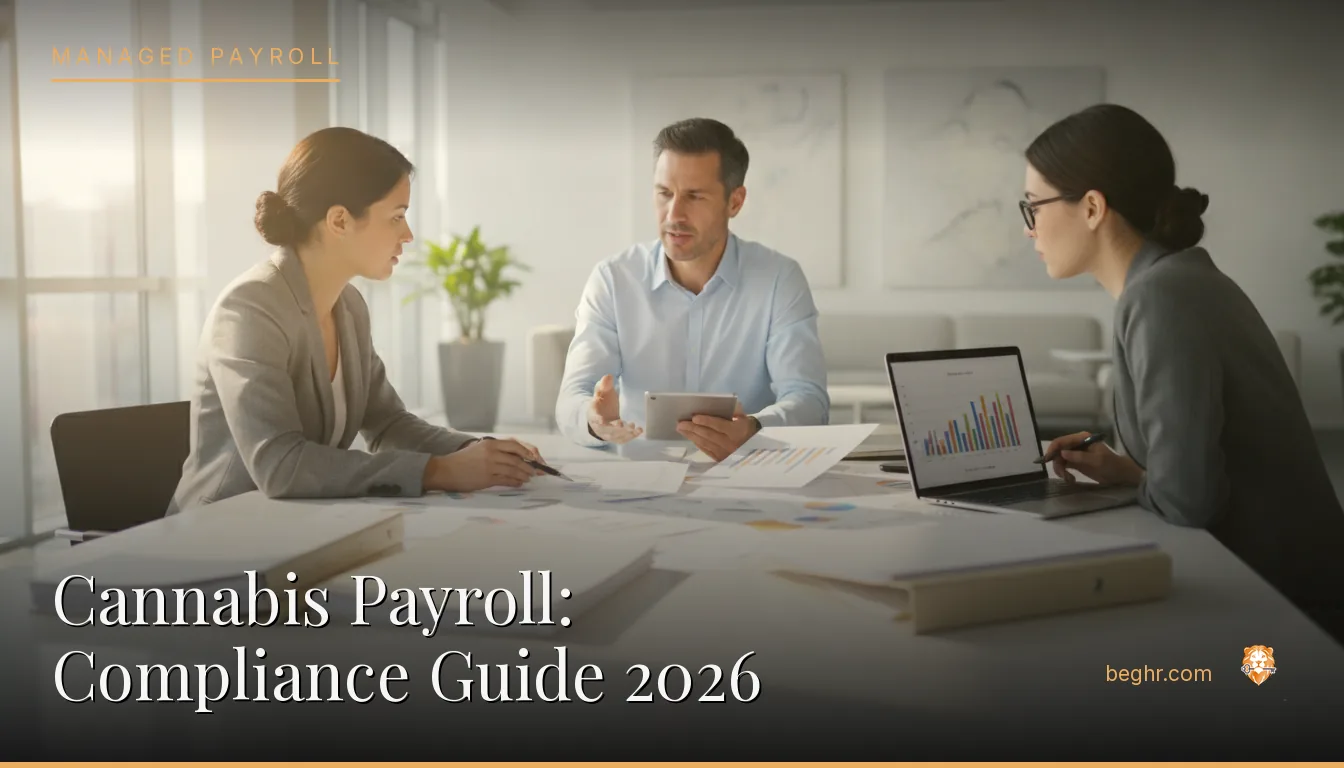 Business professionals reviewing payroll and HR documents in a bright modern office