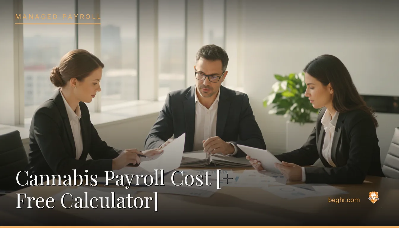 Business professionals reviewing payroll and HR documents in a bright modern office