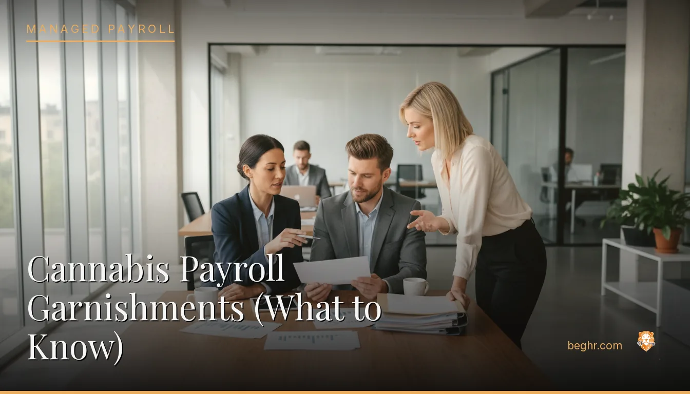 Business professionals reviewing payroll and HR documents in a bright modern office