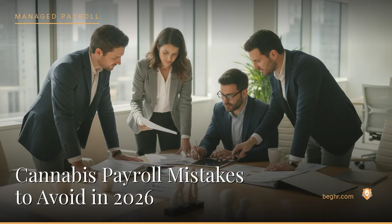 Business professionals reviewing payroll and HR documents in a bright modern office