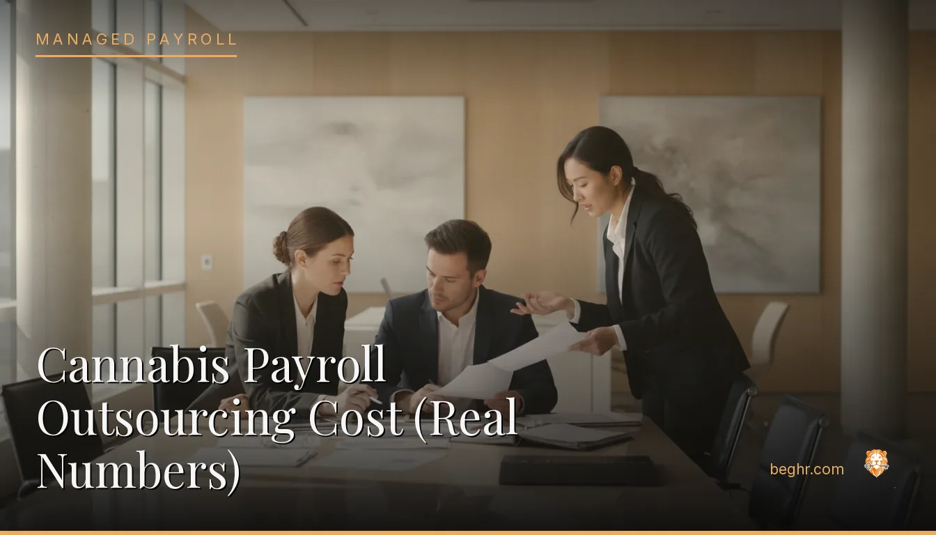 Business professionals reviewing payroll and HR documents in a bright modern office