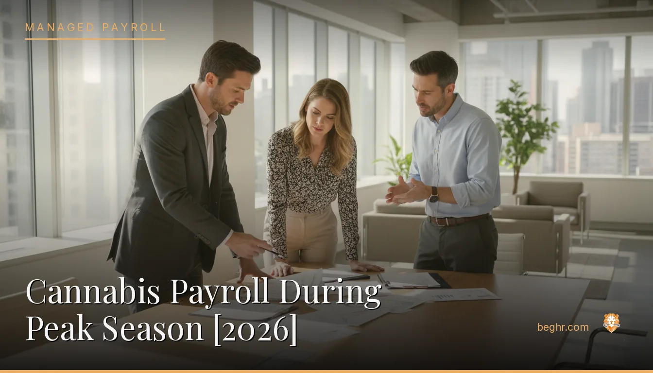 Business professionals reviewing payroll and HR documents in a bright modern office