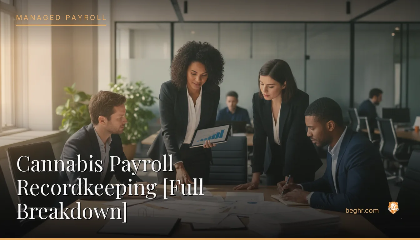 Business professionals reviewing payroll and HR documents in a bright modern office