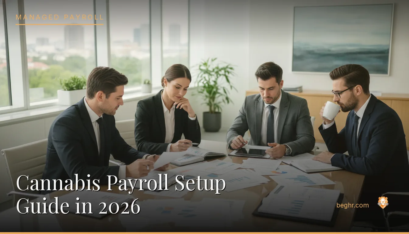 Business professionals reviewing payroll and HR documents in a bright modern office