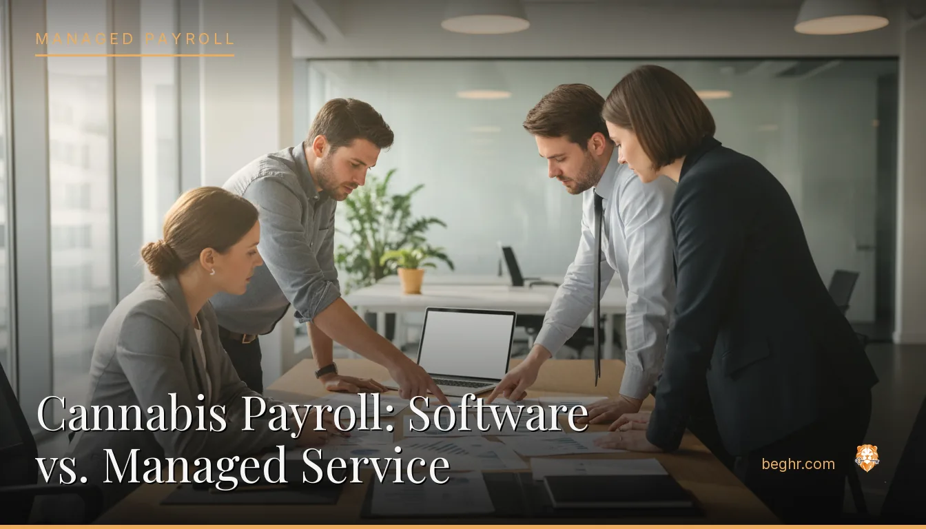 Business professionals reviewing payroll and HR documents in a bright modern office