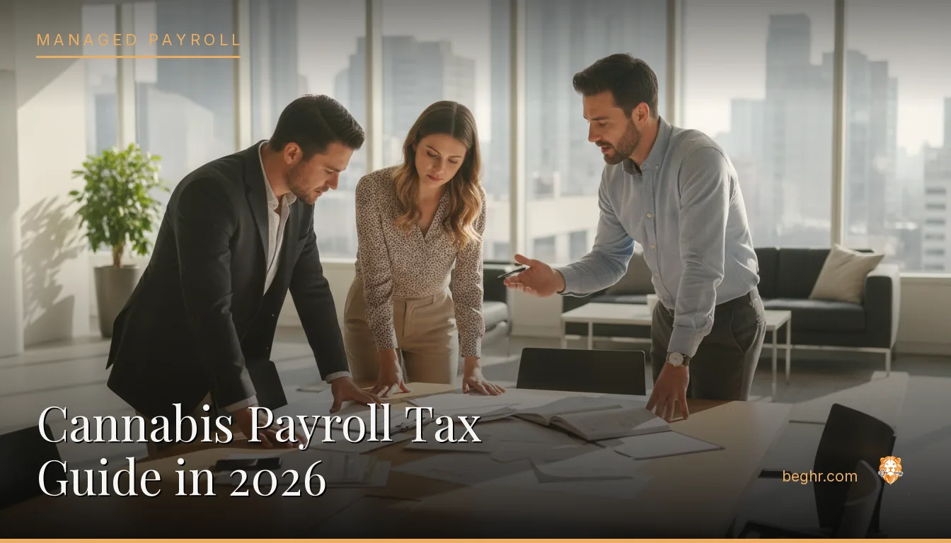 Business professionals reviewing payroll and HR documents in a bright modern office