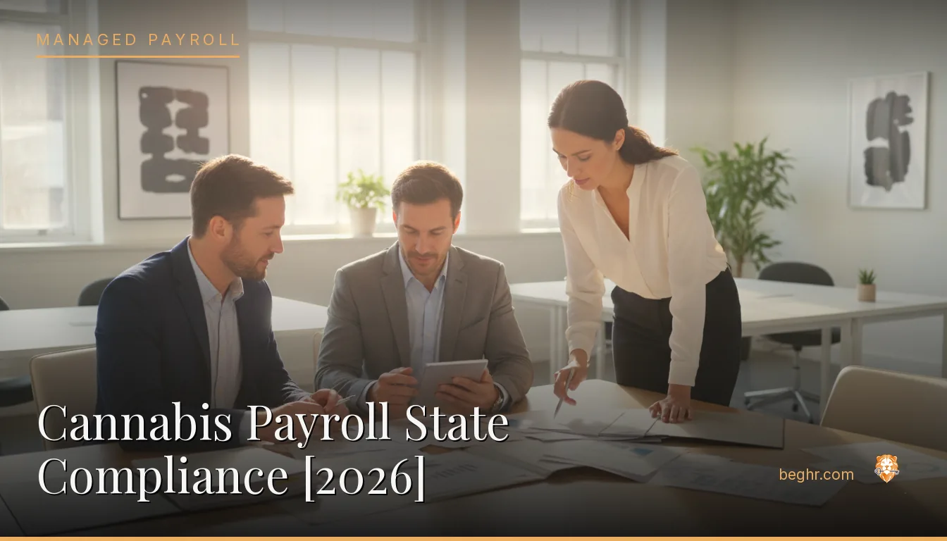 Business professionals reviewing payroll and HR documents in a bright modern office