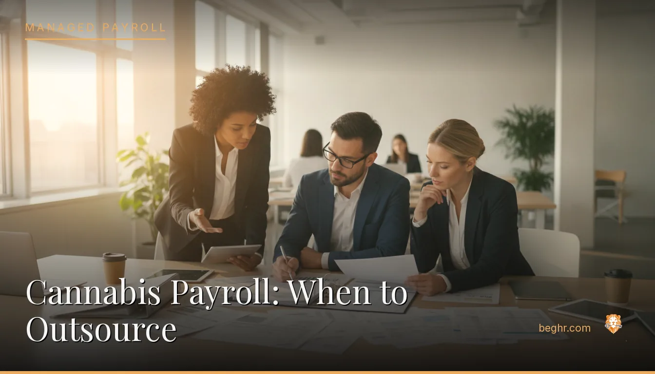 Business professionals reviewing payroll and HR documents in a bright modern office