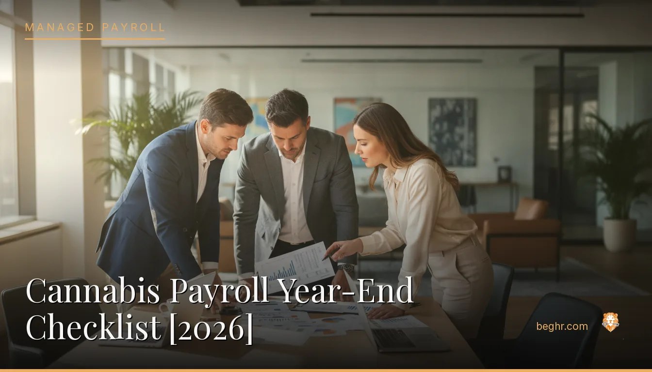 Business professionals reviewing payroll and HR documents in a bright modern office