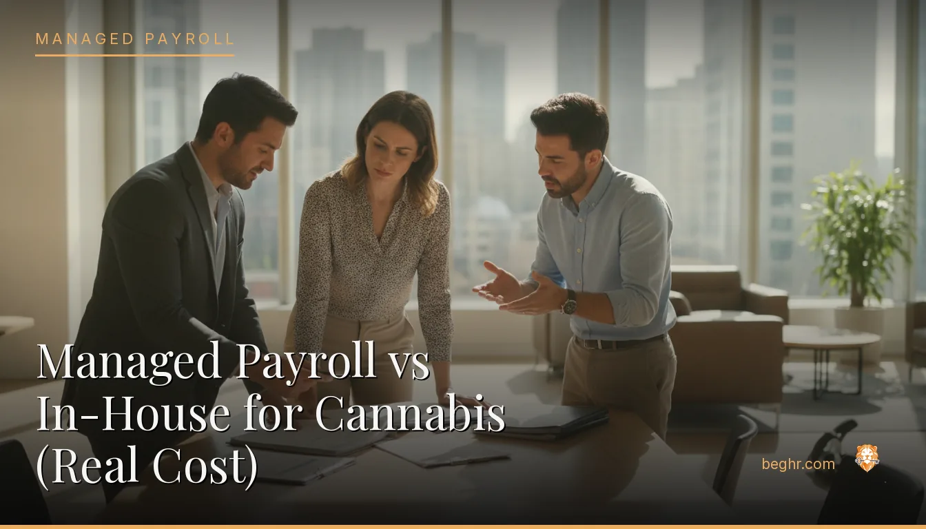 Business professionals reviewing payroll and HR documents in a bright modern office