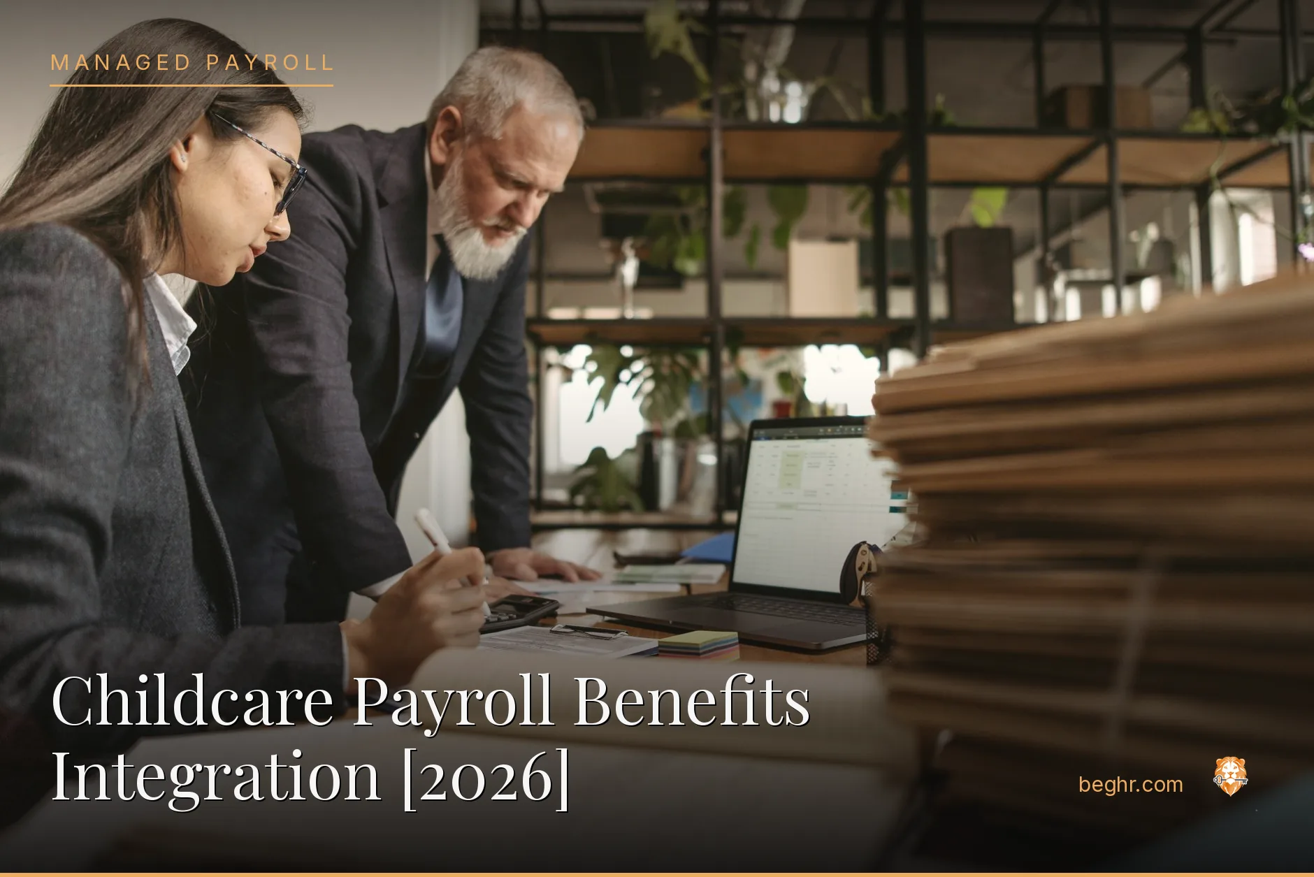 Business professionals reviewing payroll and HR documents in a bright modern office
