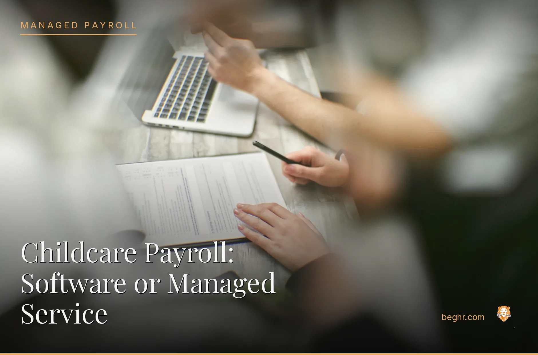 Business professionals reviewing payroll and HR documents in a bright modern office