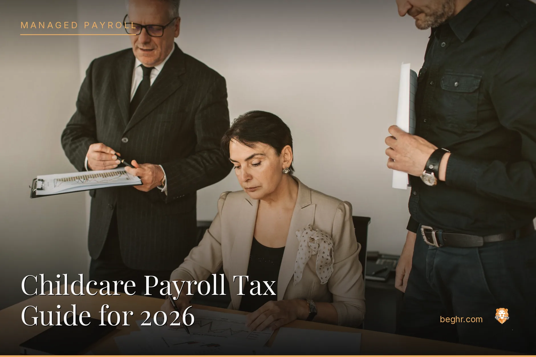 Business professionals reviewing payroll and HR documents in a bright modern office