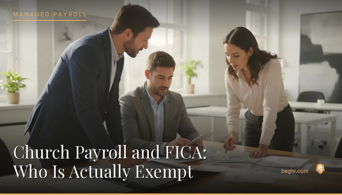 Business professionals reviewing payroll and HR documents in a bright modern office