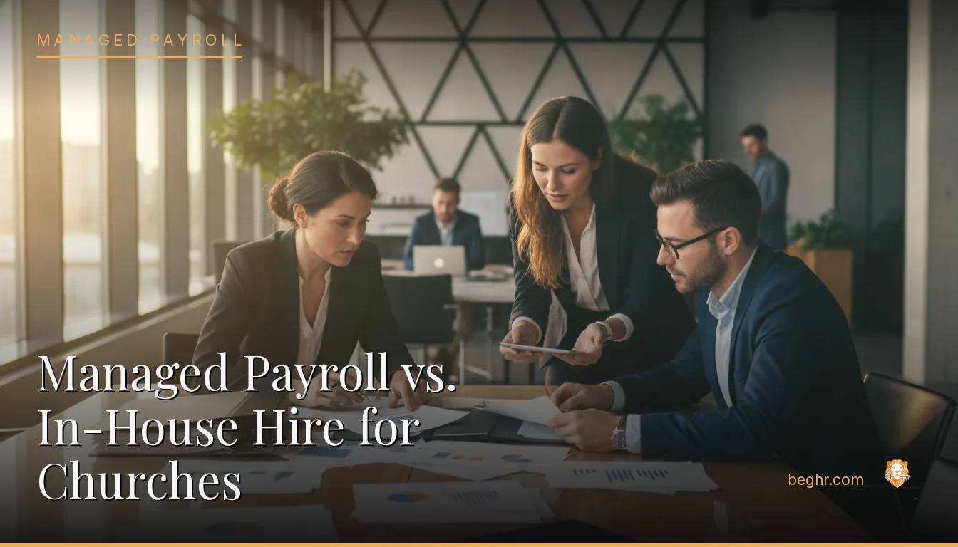 Business professionals reviewing payroll and HR documents in a bright modern office