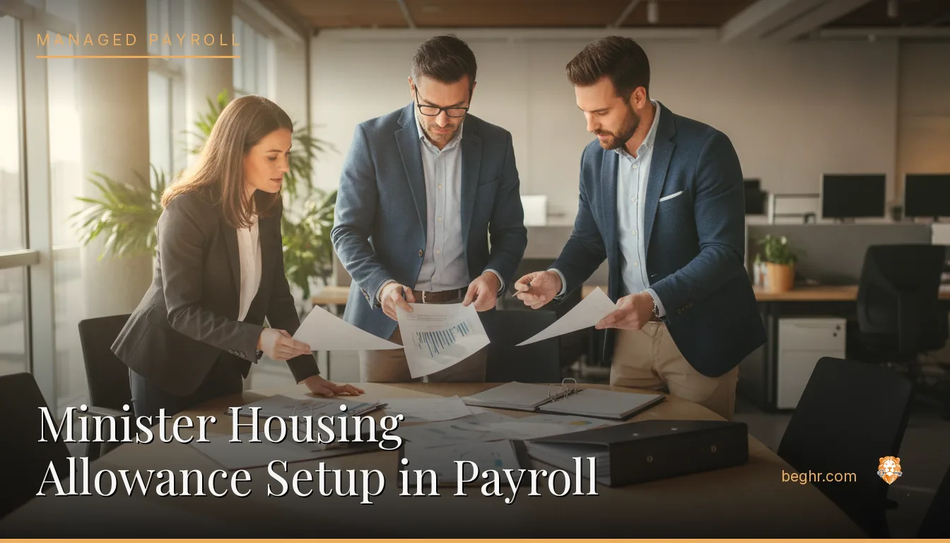 Business professionals reviewing payroll and HR documents in a bright modern office
