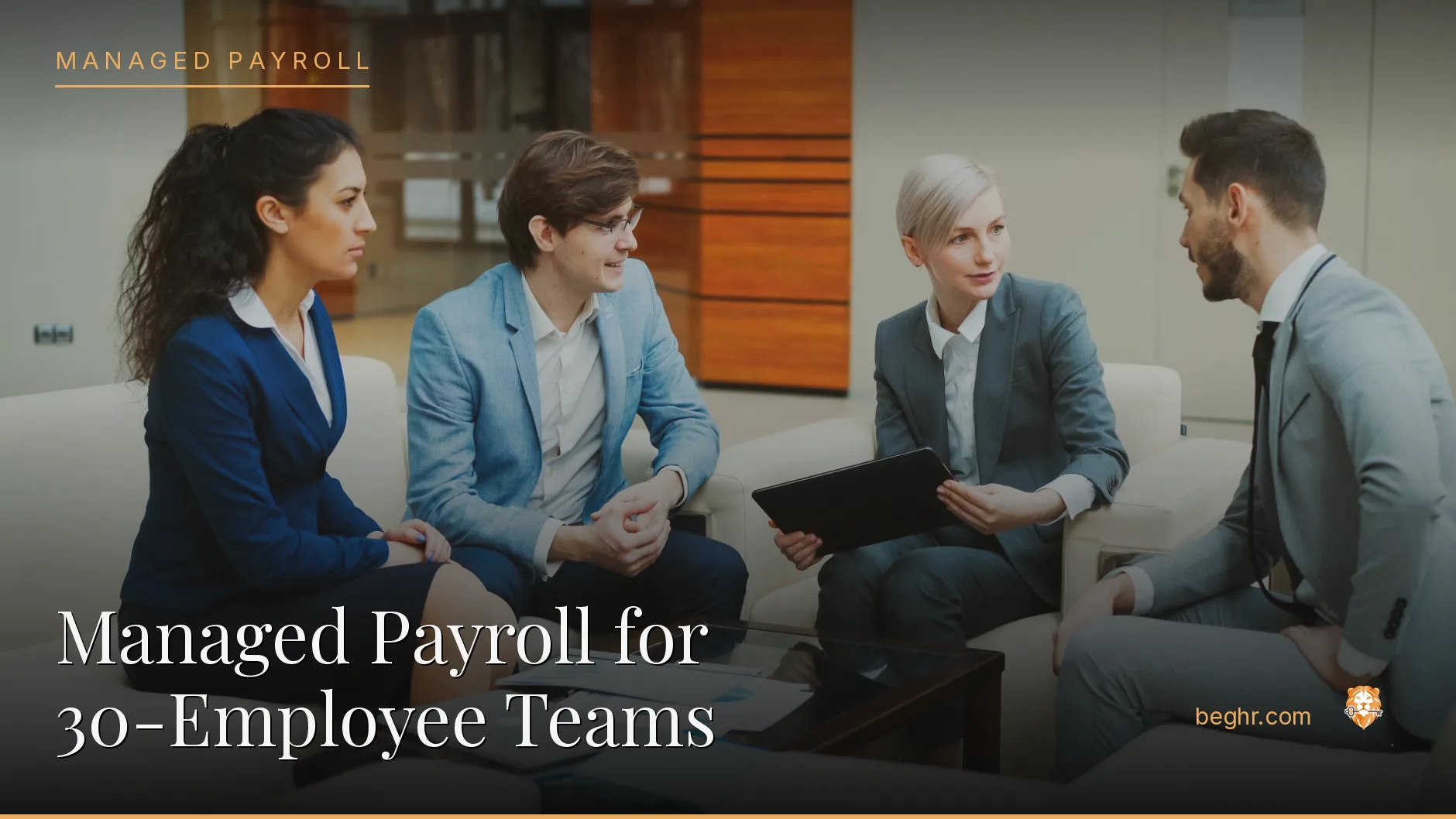 Business professionals reviewing payroll and HR documents in a bright modern office