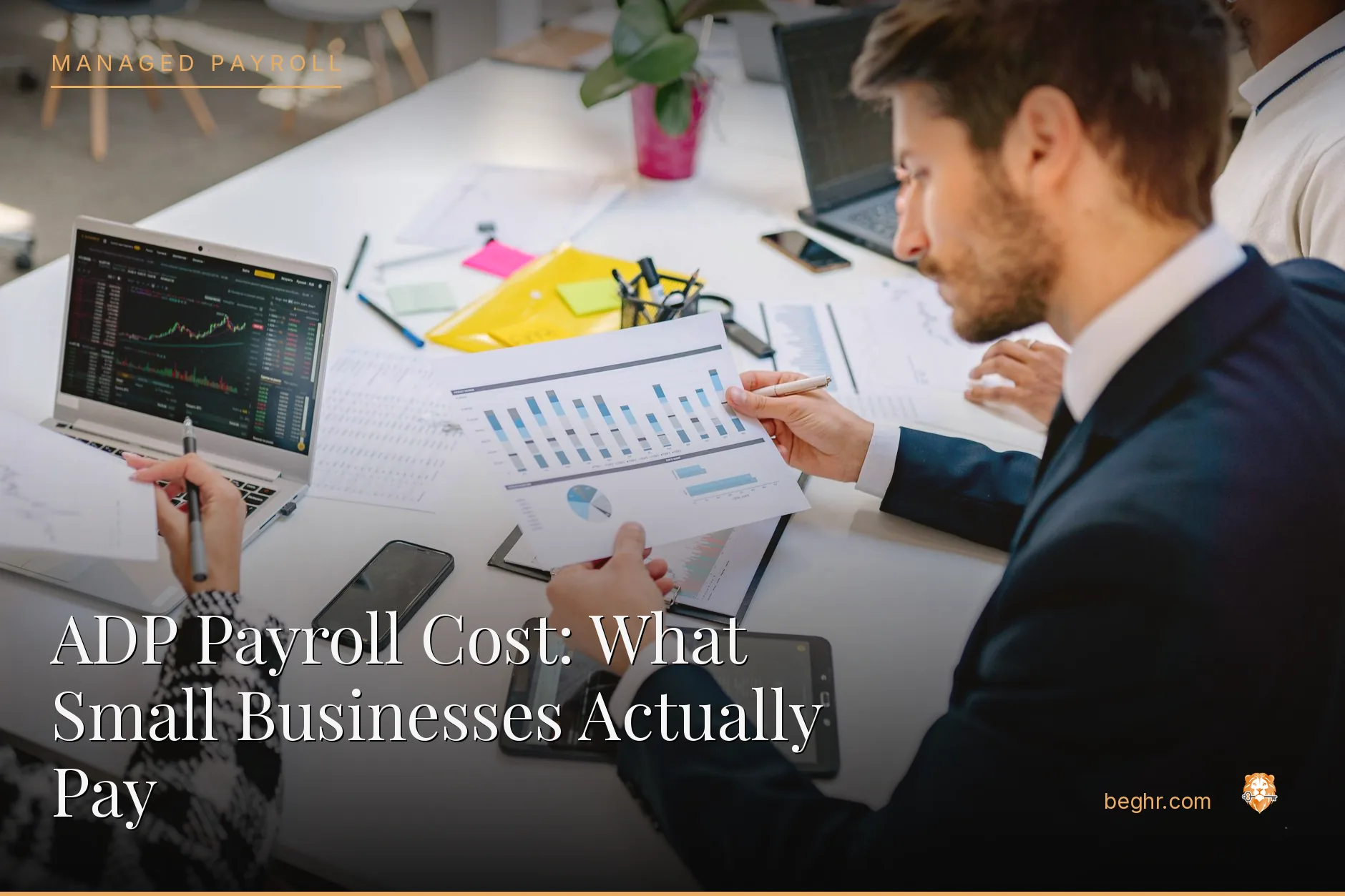 Business professionals comparing options on a laptop in a modern office