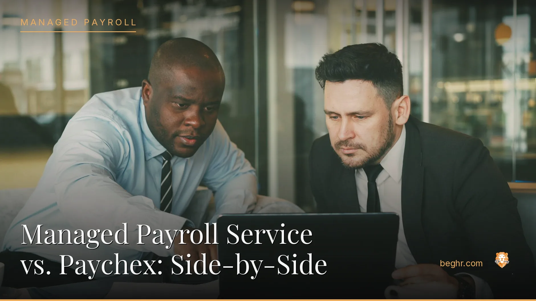 Business professionals comparing options on a laptop in a modern office