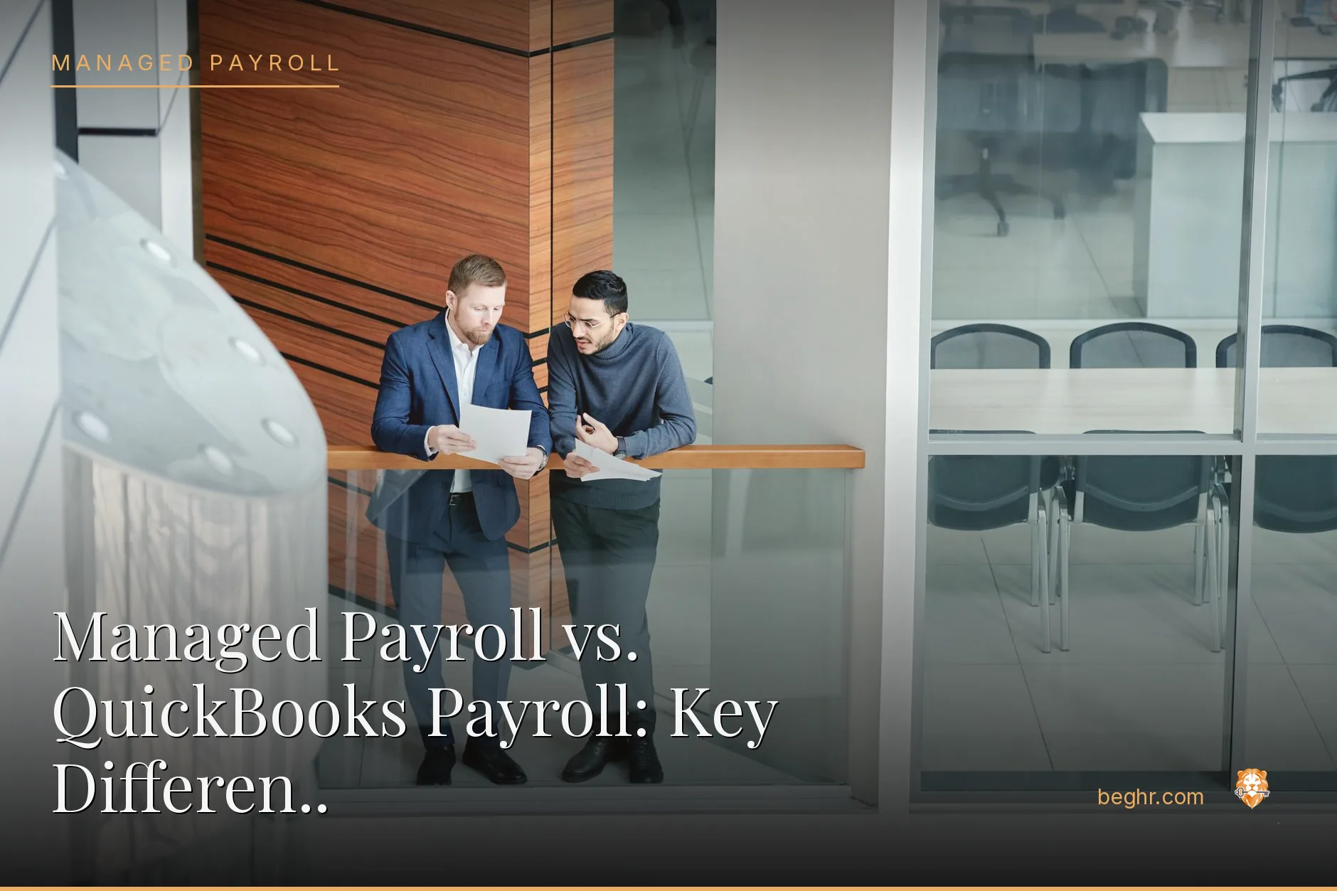 Business professionals comparing options on a laptop in a modern office
