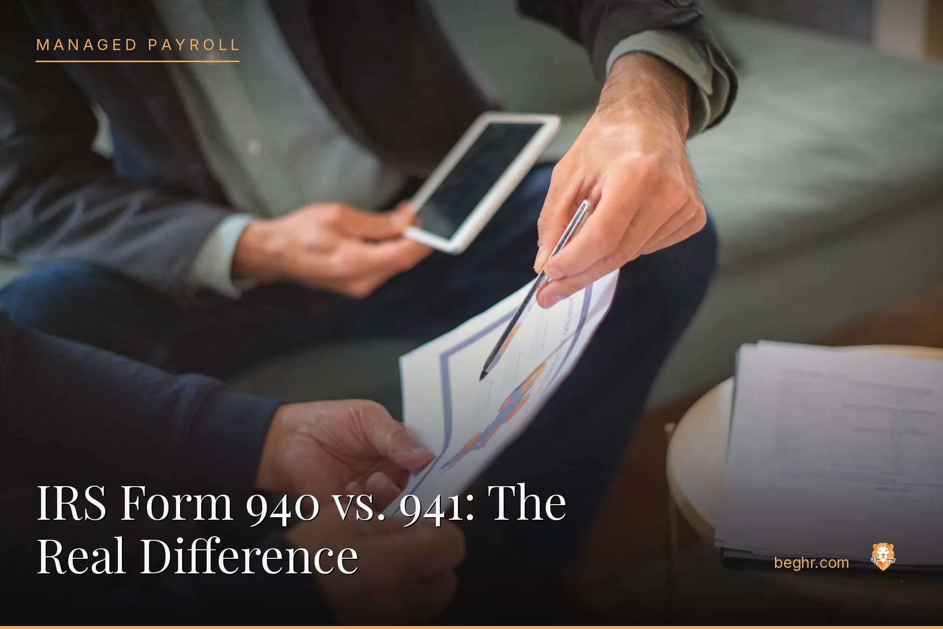 Business professionals reviewing payroll and HR documents in a bright modern office