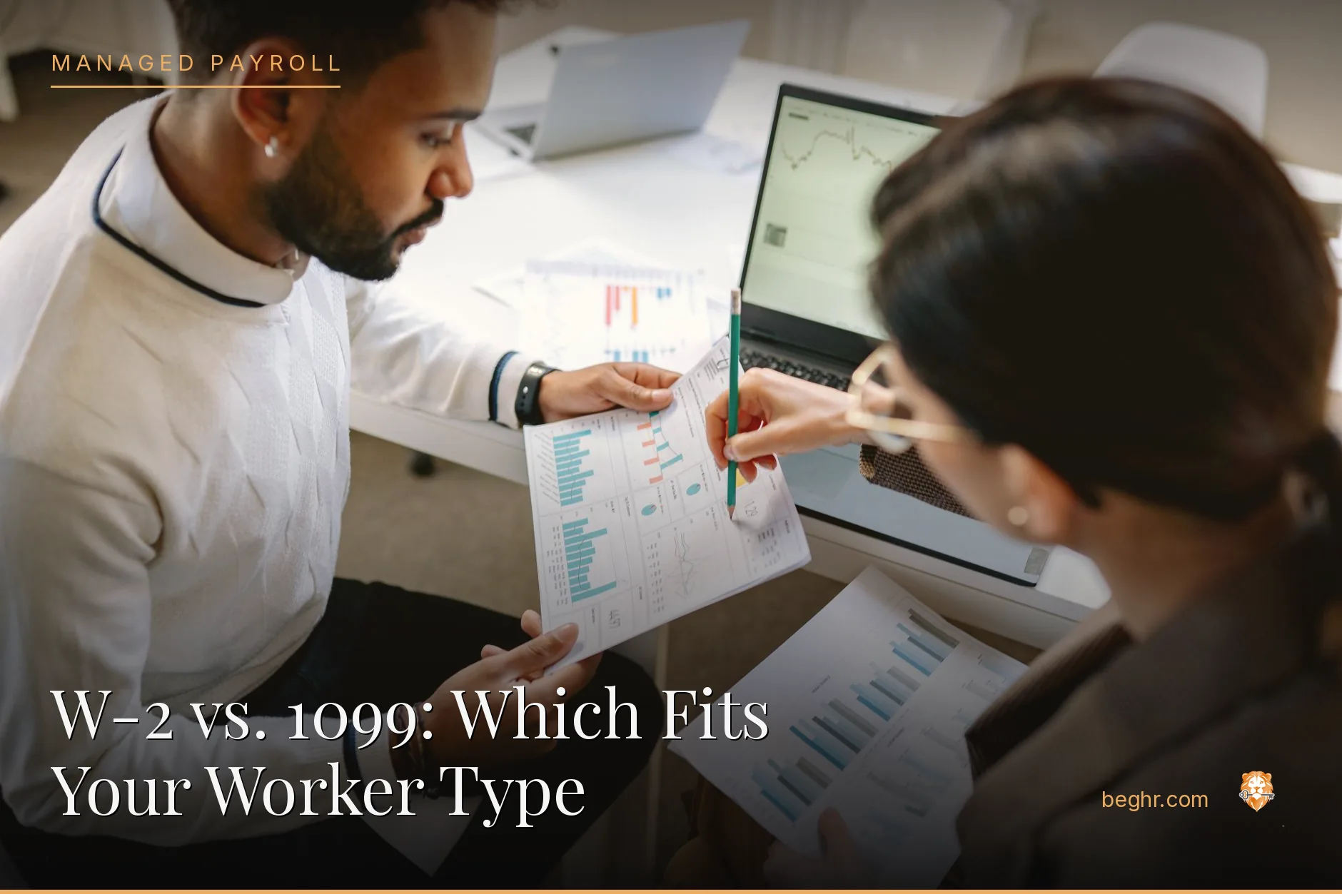 Business professionals reviewing payroll and HR documents in a bright modern office
