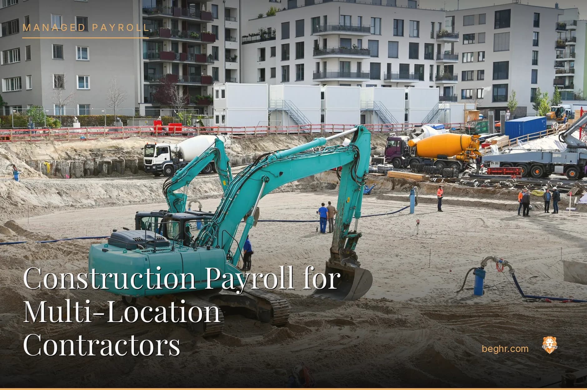 A real construction site, workers in hard hats and hi-vis vests reviewing plans