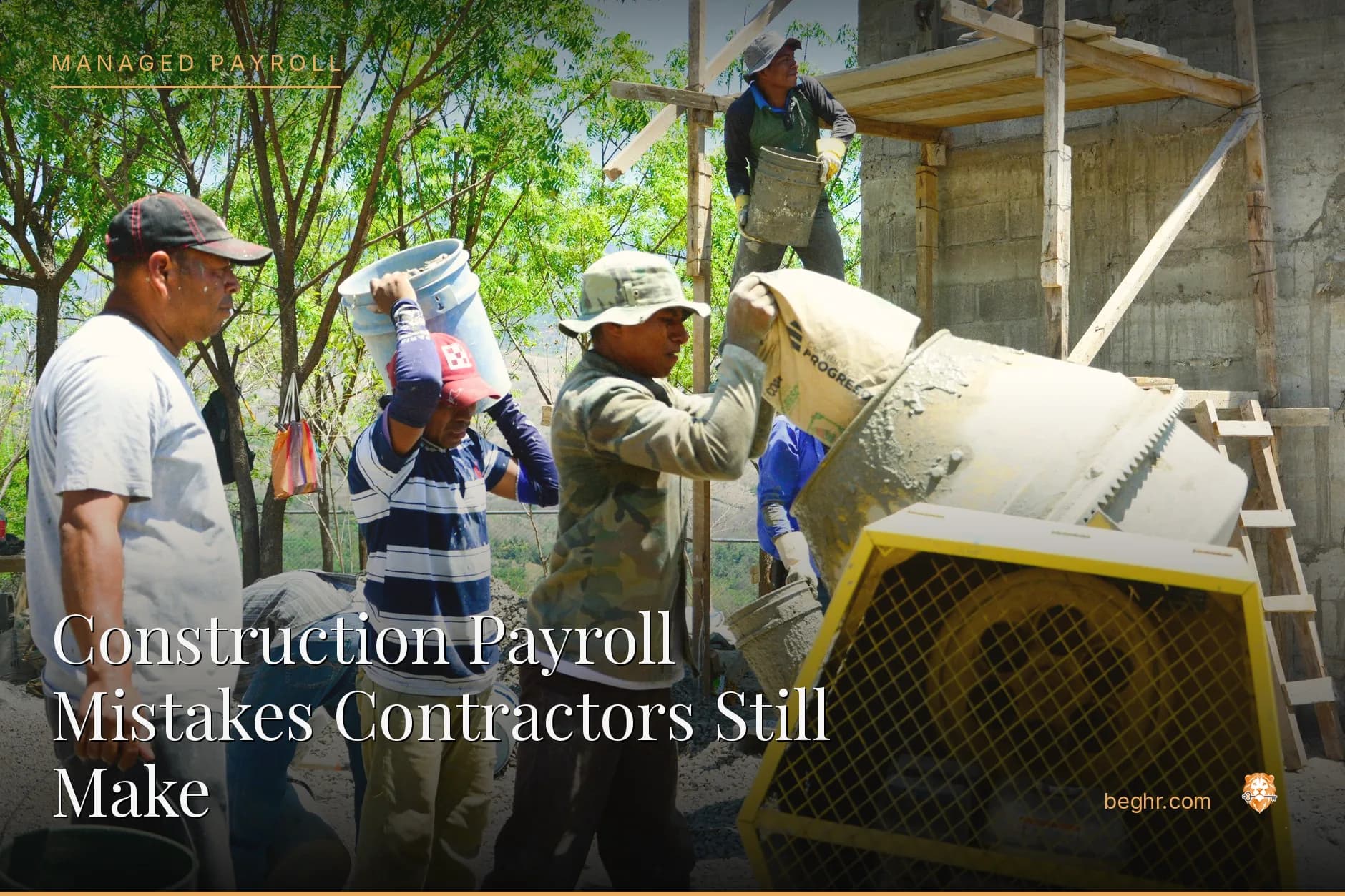 A real construction site, workers in hard hats and hi-vis vests reviewing plans