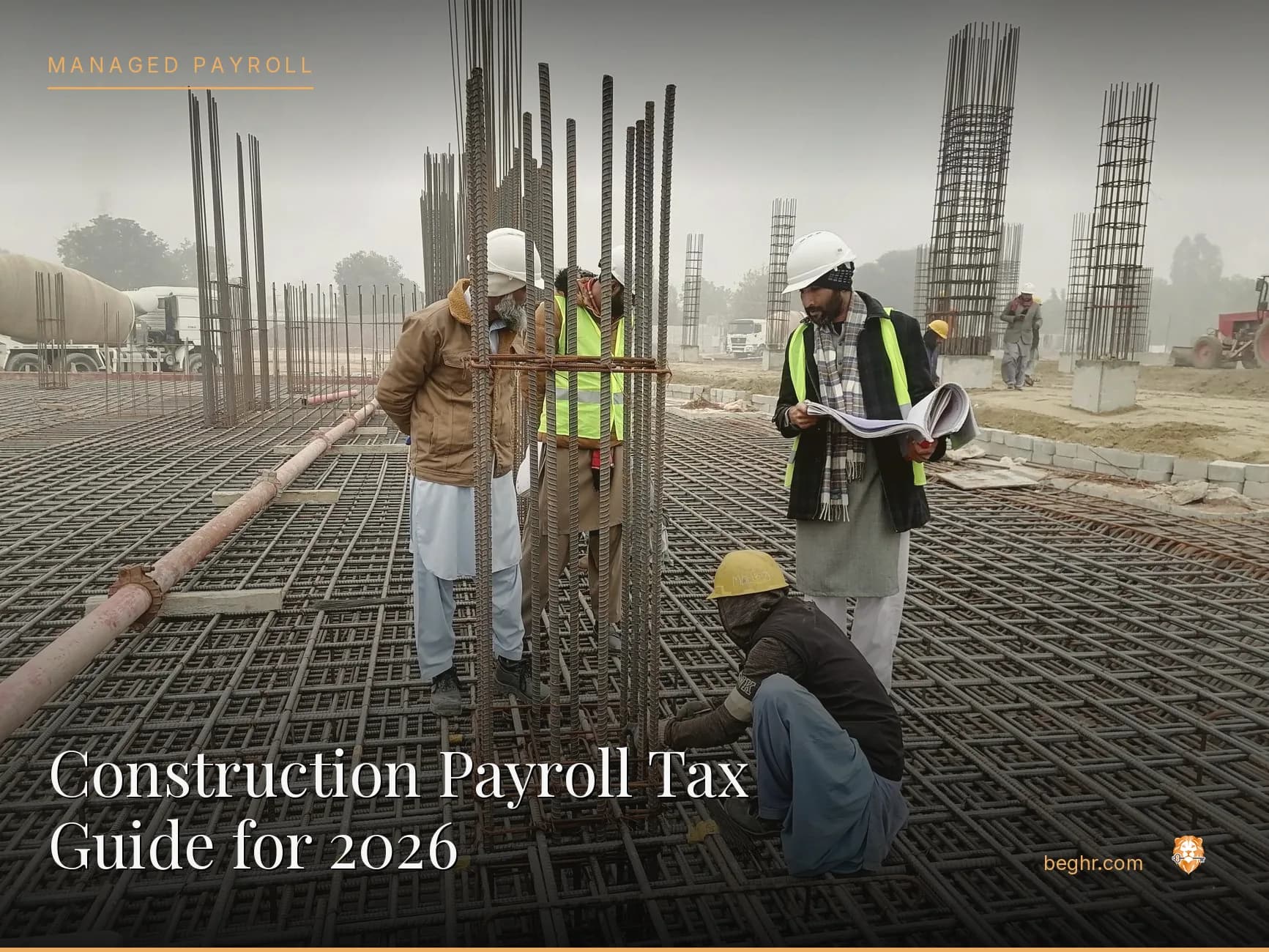 A real construction site, workers in hard hats and hi-vis vests reviewing plans