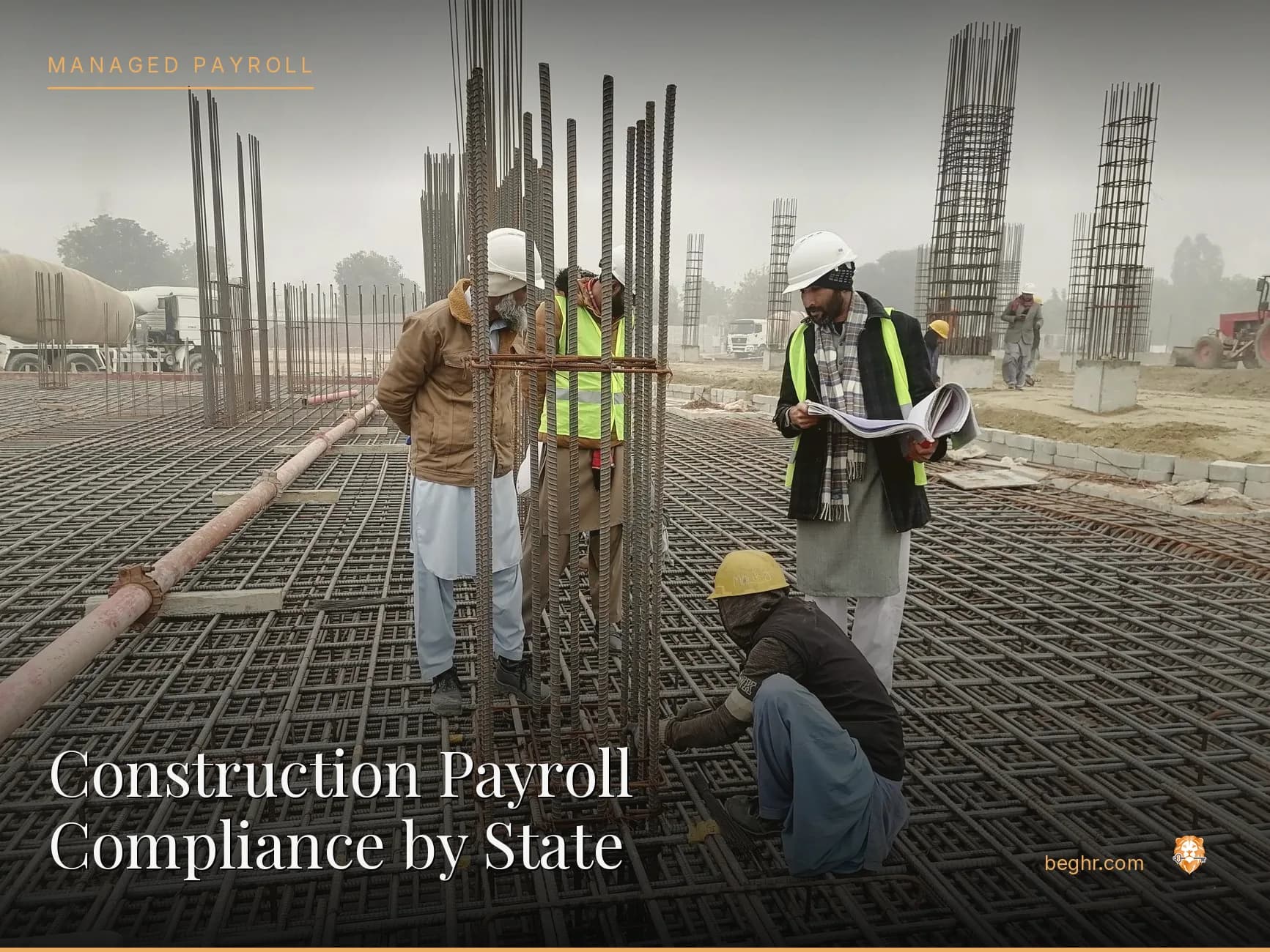 A real construction site, workers in hard hats and hi-vis vests reviewing plans