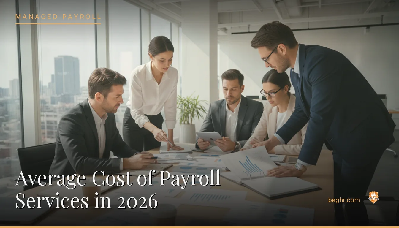 Business professionals reviewing payroll and HR documents in a bright modern office