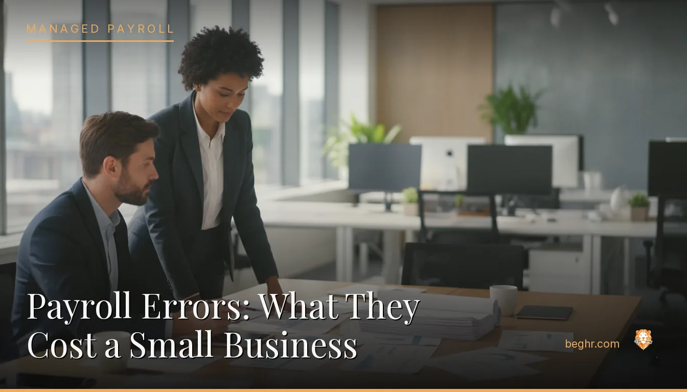 Business professionals reviewing payroll and HR documents in a bright modern office