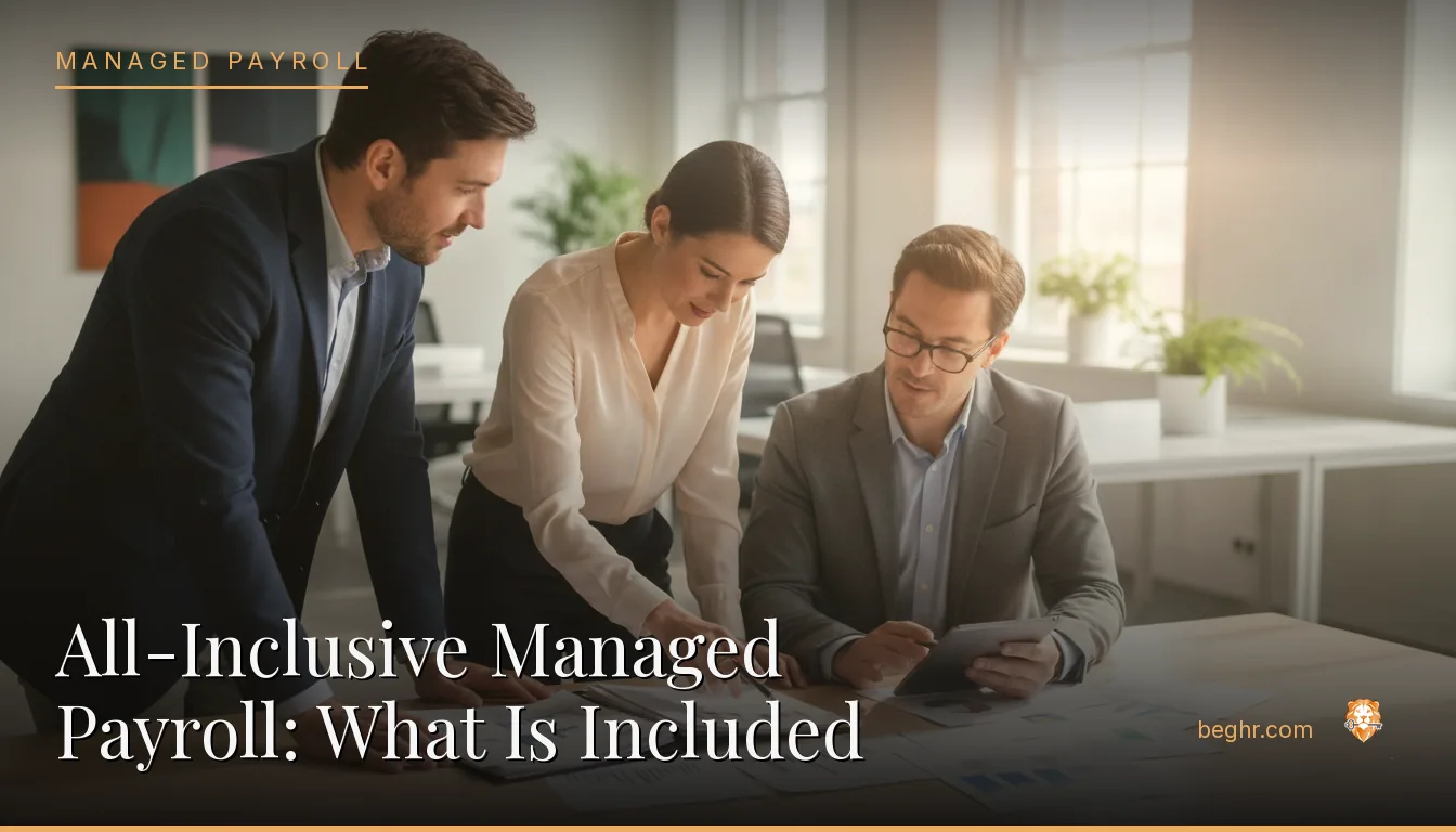 Business professionals reviewing payroll and HR documents in a bright modern office