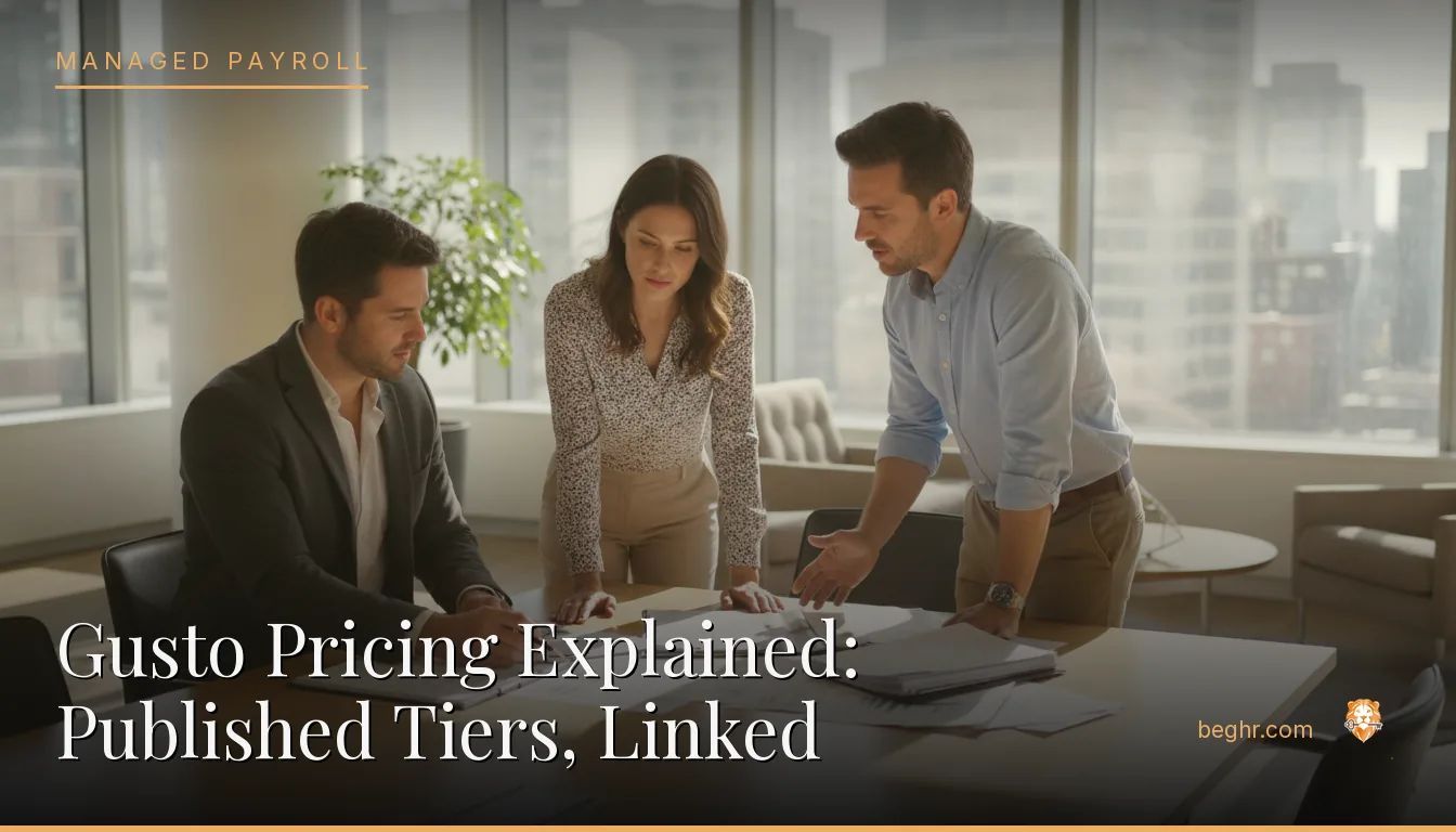Business professionals reviewing payroll and HR documents in a bright modern office