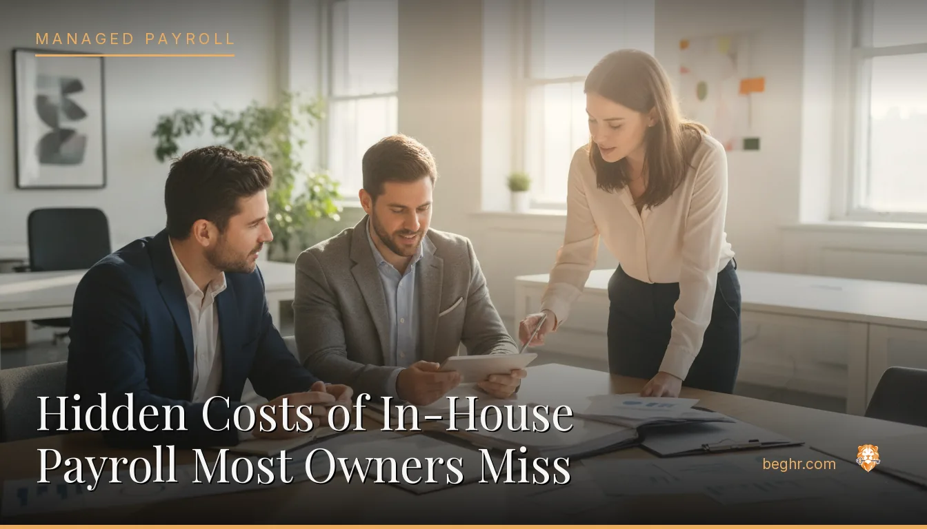 Business professionals reviewing payroll and HR documents in a bright modern office