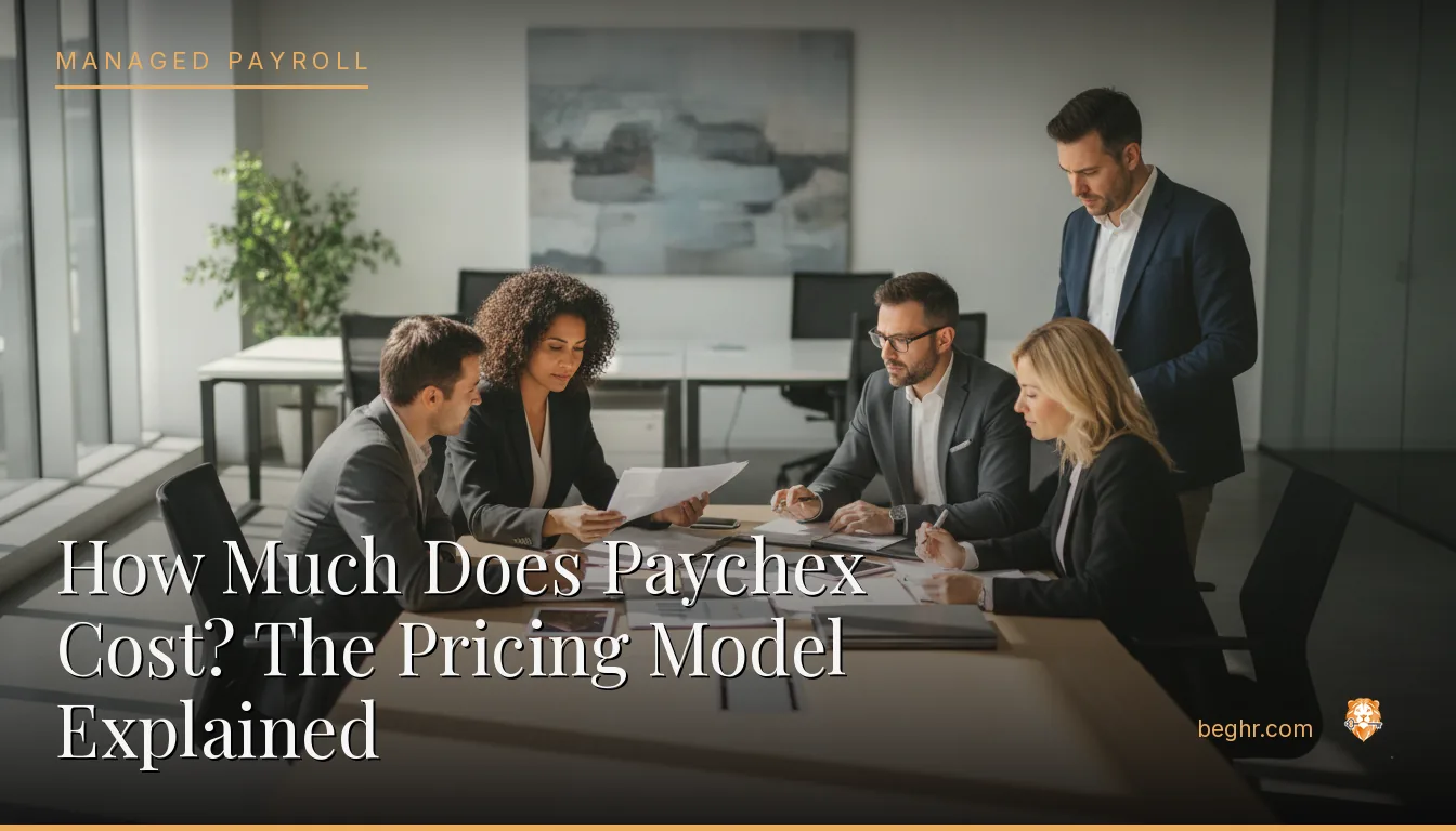 Business professionals reviewing payroll and HR documents in a bright modern office