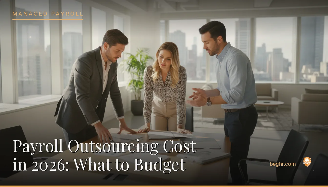 Business professionals reviewing payroll and HR documents in a bright modern office