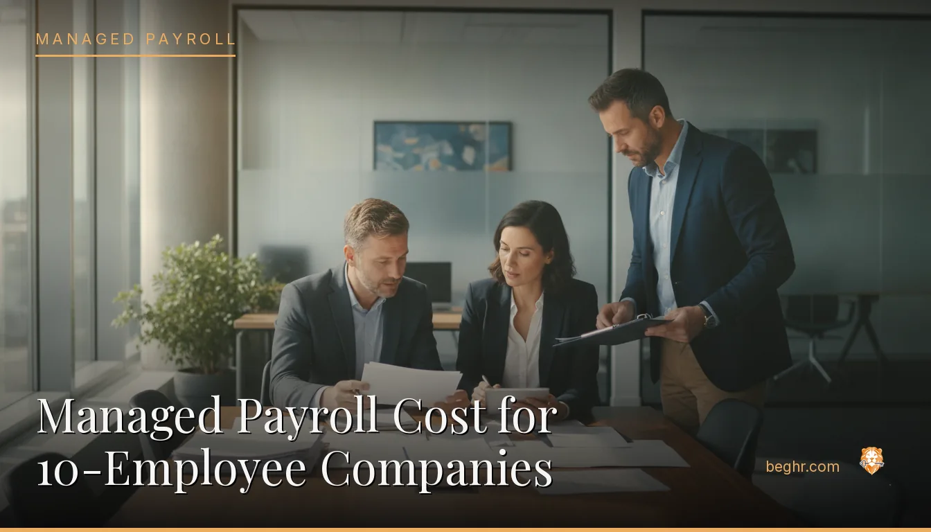 Business professionals reviewing payroll and HR documents in a bright modern office