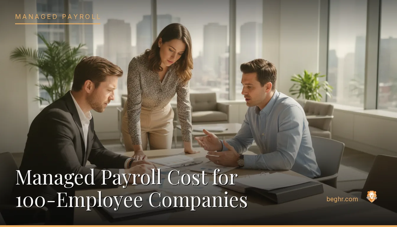 Business professionals reviewing payroll and HR documents in a bright modern office
